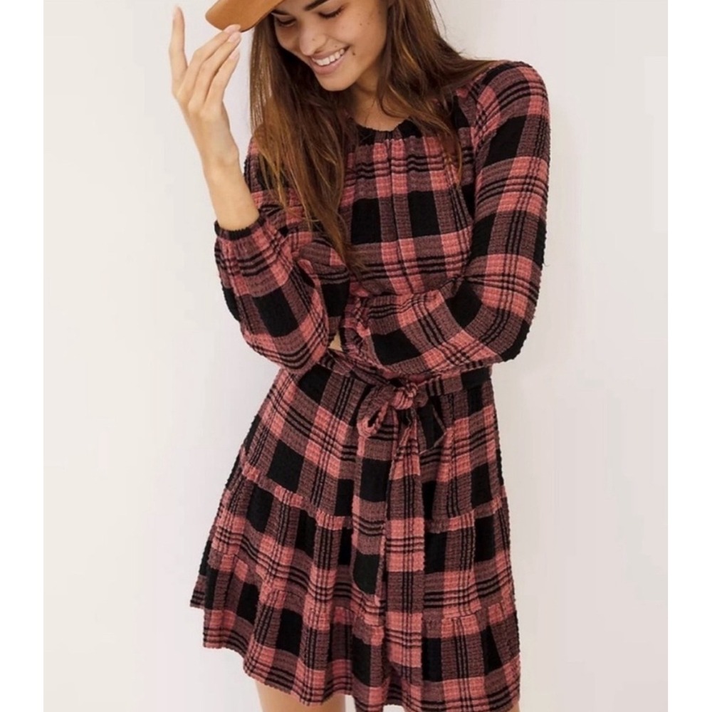 Cloth & Stone Anthropologie Plaid Long Sleeve Belted Daia Dress Size Small